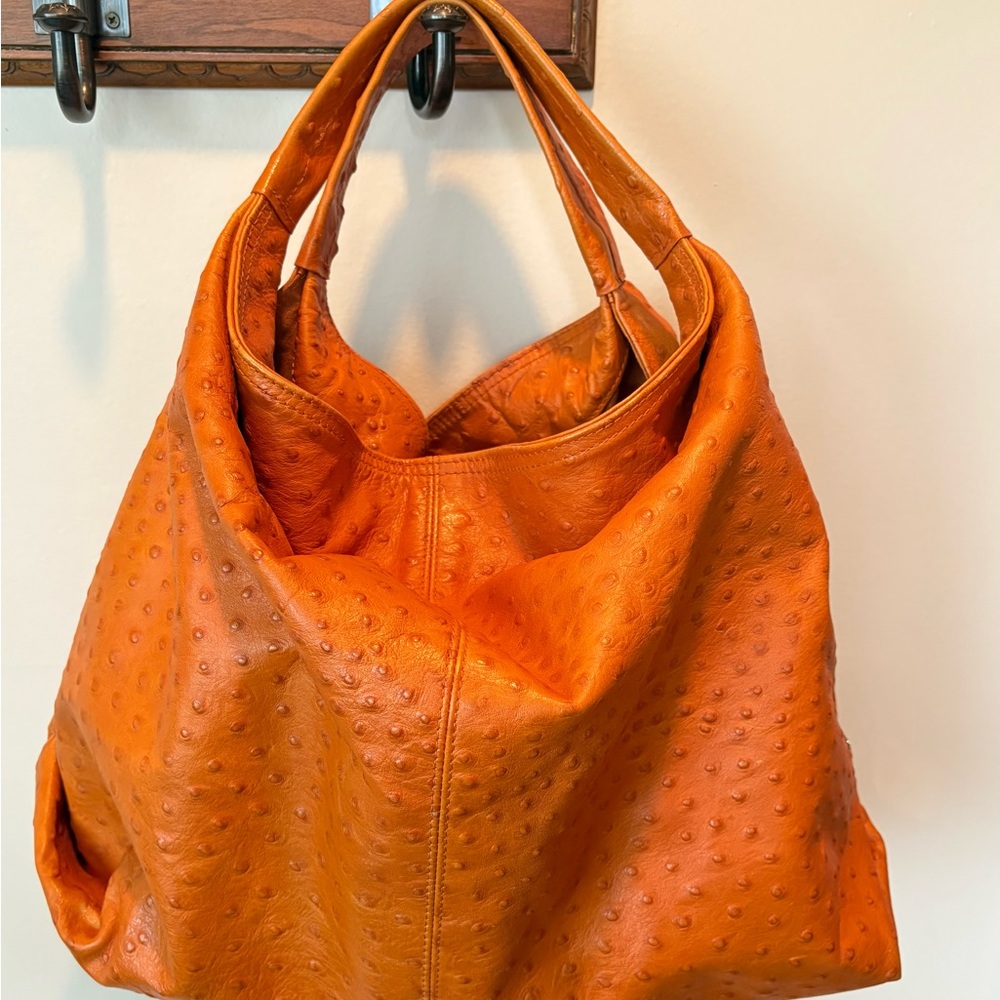 Furla Vibrant Orange Ostrich, Leather Shoulder Bag